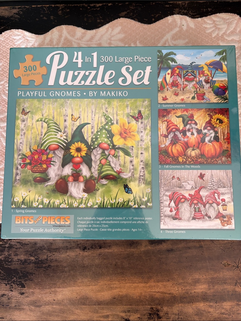 Bits and Pieces 4-in-1 Playful Gnomes Puzzle Set - Teal/Green